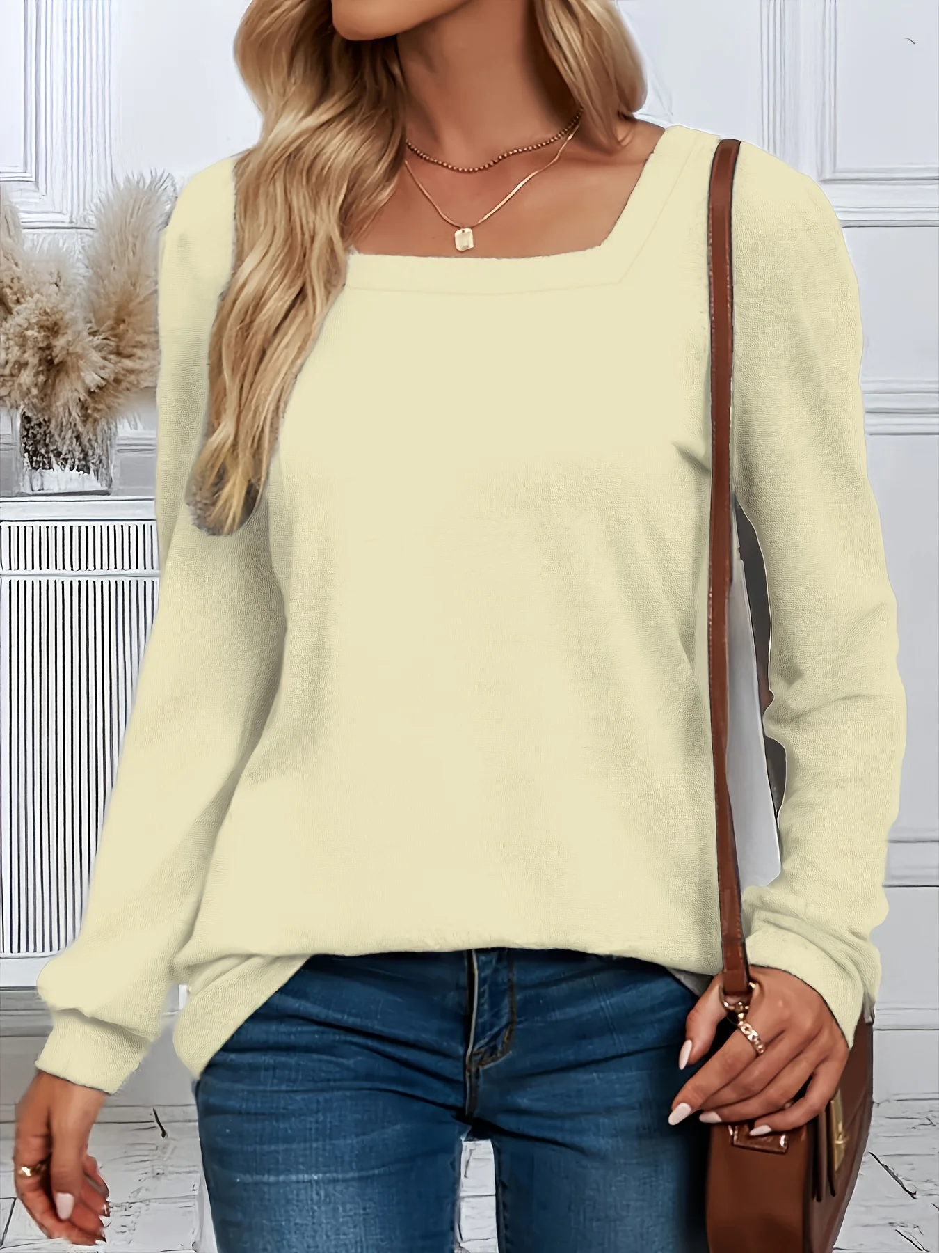 Stilvolles Plus-Size-Oberteil für Damen mit eckigem Ausschnitt und langen Ärmeln für mühelose Eleganz – Detail 15