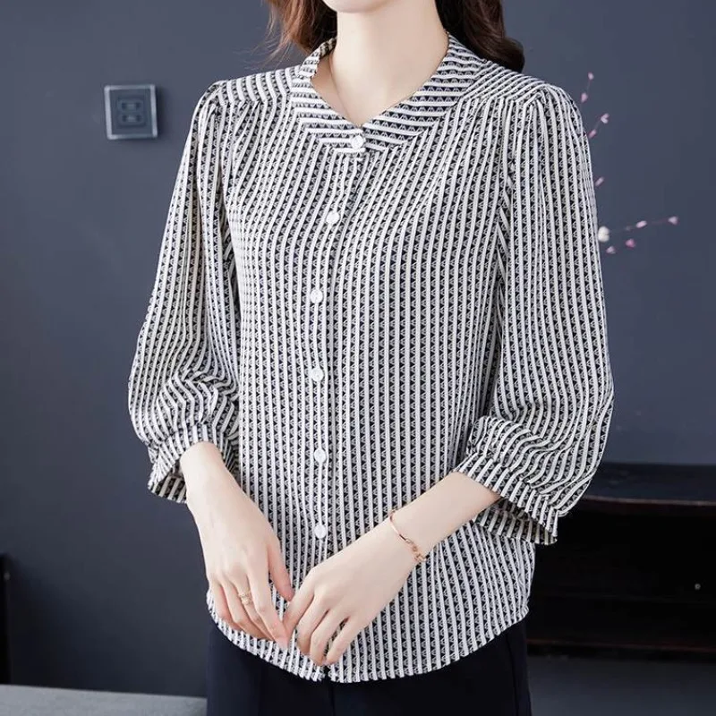 Round Neck Spring Autumn Lantern Long Sleeve Pullover Plaid Button Women\'s Clothing Contrast Color Shirt Flattering Elegant Tops