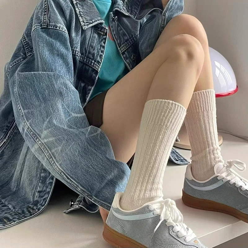 Fashion Women Long Socks Harajuku Cotton Autumn Winter Warm Thigh Stockings Solid Color Striped Over Knee-High Calf Stocking