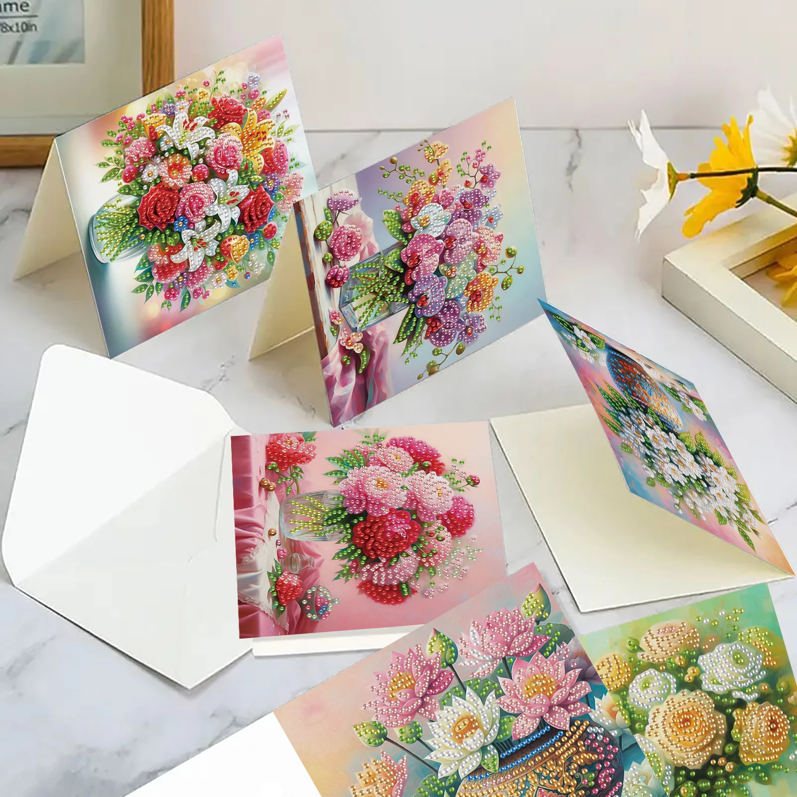 6-piece DIY diamond painting greeting card with envelope, wishes and wishes, floral theme unique design view 4