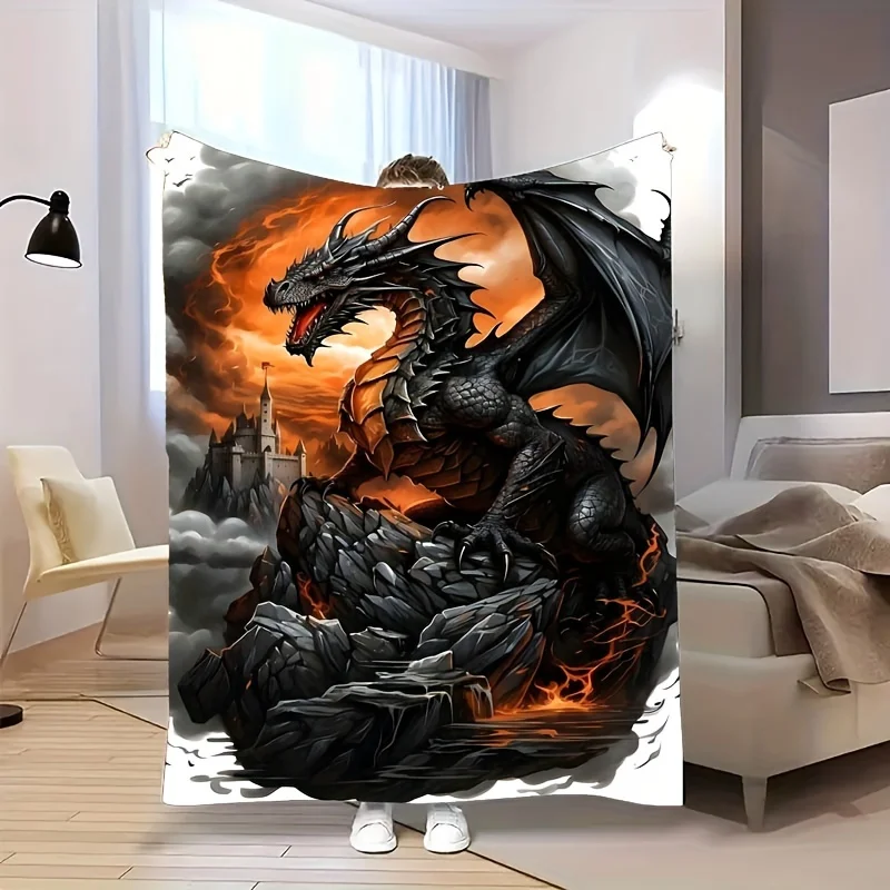 VIKAMA Dark Dragon Flame Castle Cover Decke, Flanell, Fantasie, mittelalterlich, magischer Stil, Schlafzimmer, Spielzimmer, Anime, dekorative Decke