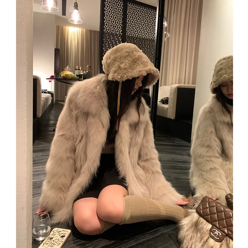 معاطف نسائية من الفرو الصناعي سترات من الفرو الصلب متوسطة الطول وأكمام طويلة وياقة مقلوبة بغرز مفتوحة سميكة وفضفاضة غير رسمية لخريف وشتاء 2025 #4