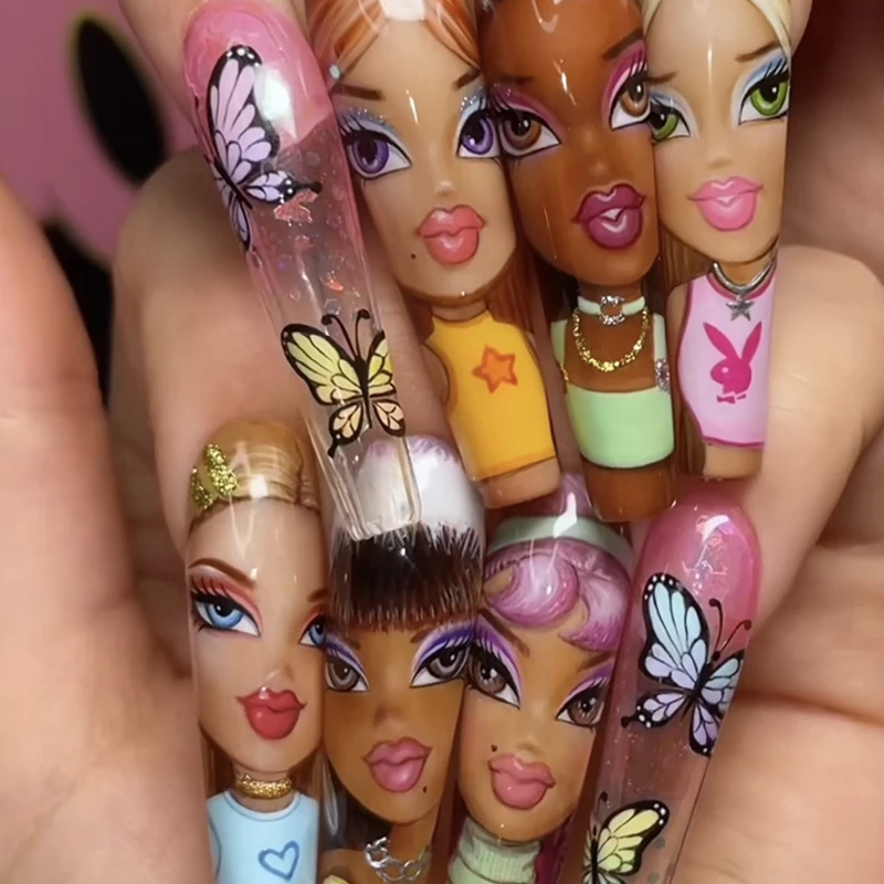 1 szt. 3D lalka naklejki na paznokcie kreskówka dziewczyna samoprzylepne naklejki suwaki do Manicure Tip owija foliowe paznokcie DIY dekoracja