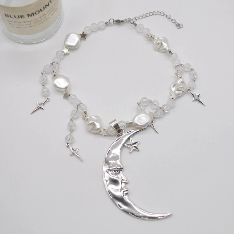 

Hyperbole Hip Hop Metal Moon Star Pendant Necklaces for Women Unisex Crystal