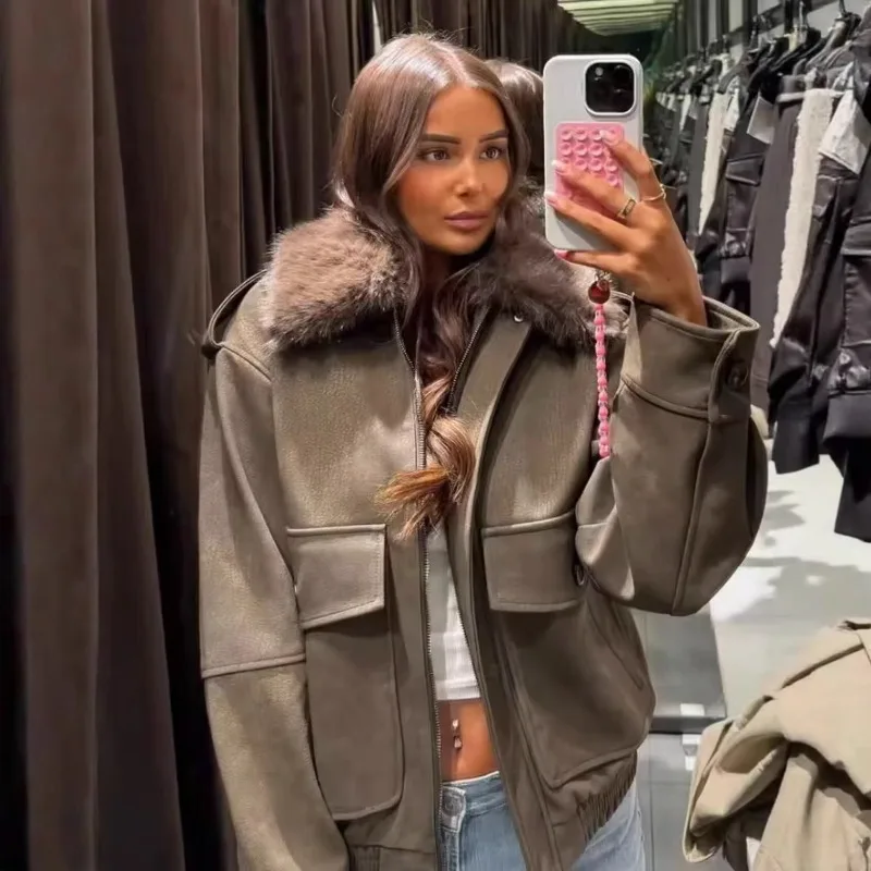 

Women's Fur Collar Jacket Jacket for Women Pocket Loose Zipper Jacket Women