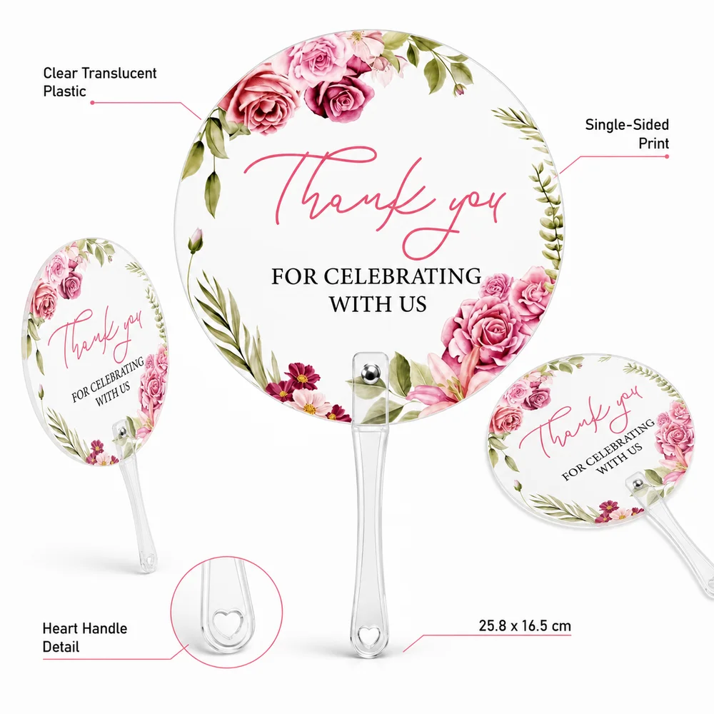 10Pcs Gifts Pink Floral Thank You Hand Fan Translucent Single-Sided Print Photo Prop Fans Plastic Wedding Hand Fans Party Favor