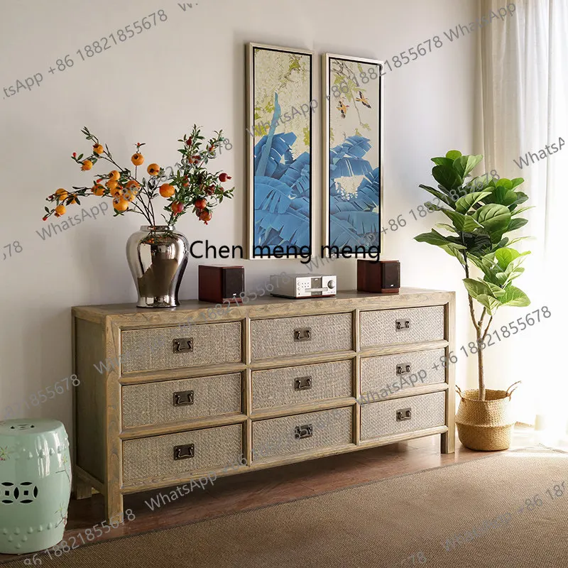 Wabi Sansan retro solid wood living room 9 drawer storage dining side cabinet integrated against the wall