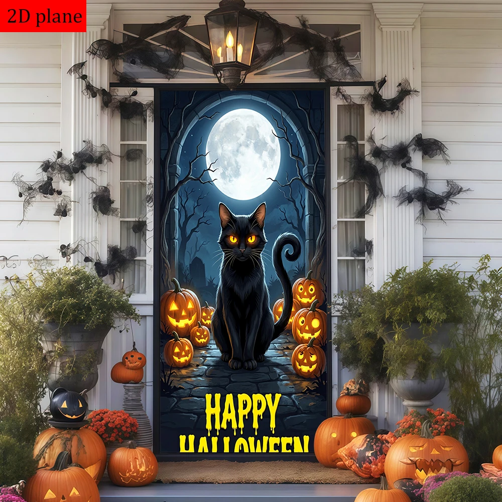 Decoración para marco de puerta con diseño de gato negro, calabazas de Halloween, luna llena, Feliz Halloween, noche espeluznante, con banda elástica de alta elasticidad