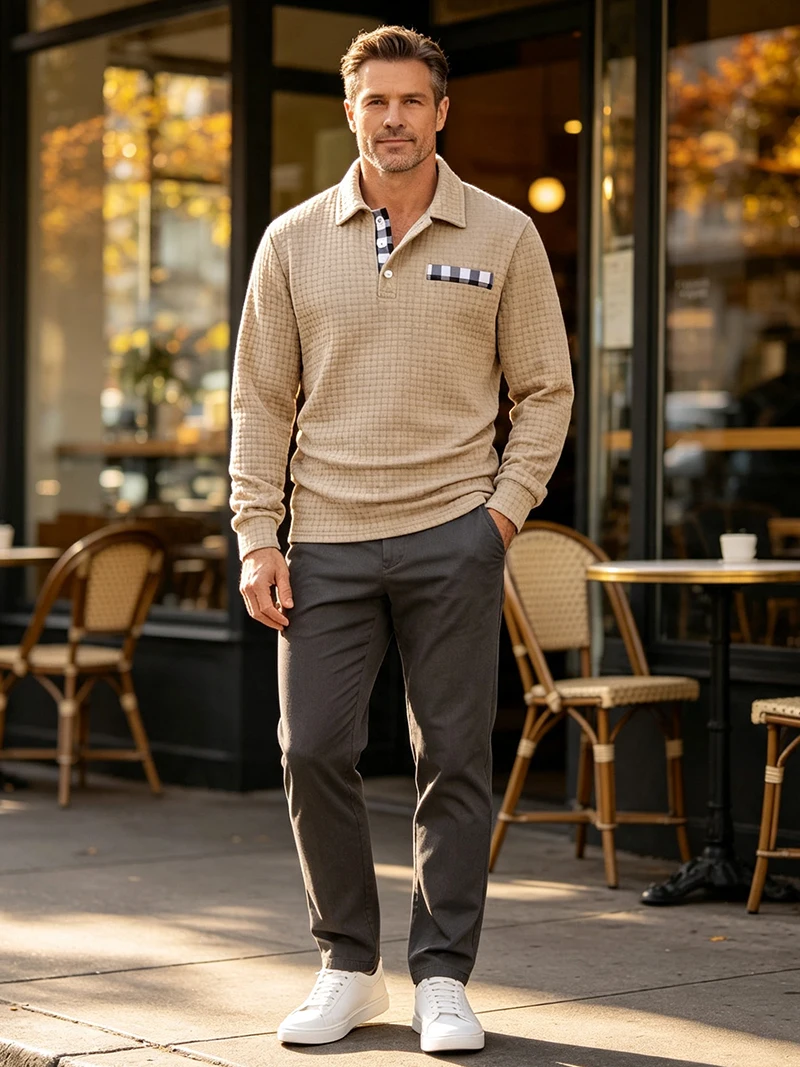 Herren Waffelstrick Langarm-Poloshirt mit Revers und Halbknopfleiste, Regular Fit, Frühling Herbst Business Casual Atmungsaktive Weiche Oberteile – Detail 18