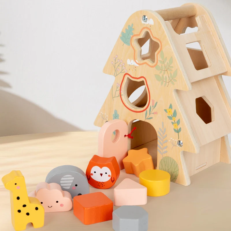 กล่องบล็อกไม้รูปต้นไม้ใหญ่ บ้านแห่งปัญญา ของเล่นเสริมพัฒนาการ รูปทรงหลากสี จับคู่รูปทรงเรขาคณิต ของเล่นสัตว์ กล่องฝึกทักษะ ของเล่นบนโต๊ะ