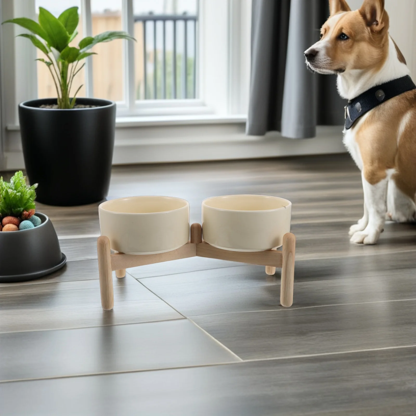 

1Set Raised Pet Bowl Stand 850Ml 6.1'' Ceramic Elevated Double Feeder Wood Base for Small Dogs Cats Non Slip Food Water Dish