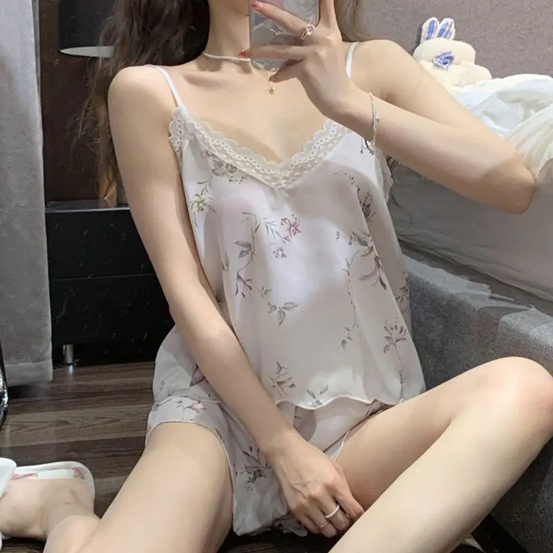 Female Spaghetti Strap Floral Print Pajamas Set Sleeveless Trim Home Clothing Shorts Women Sexy Lace V Neck Casual Loungewear XL