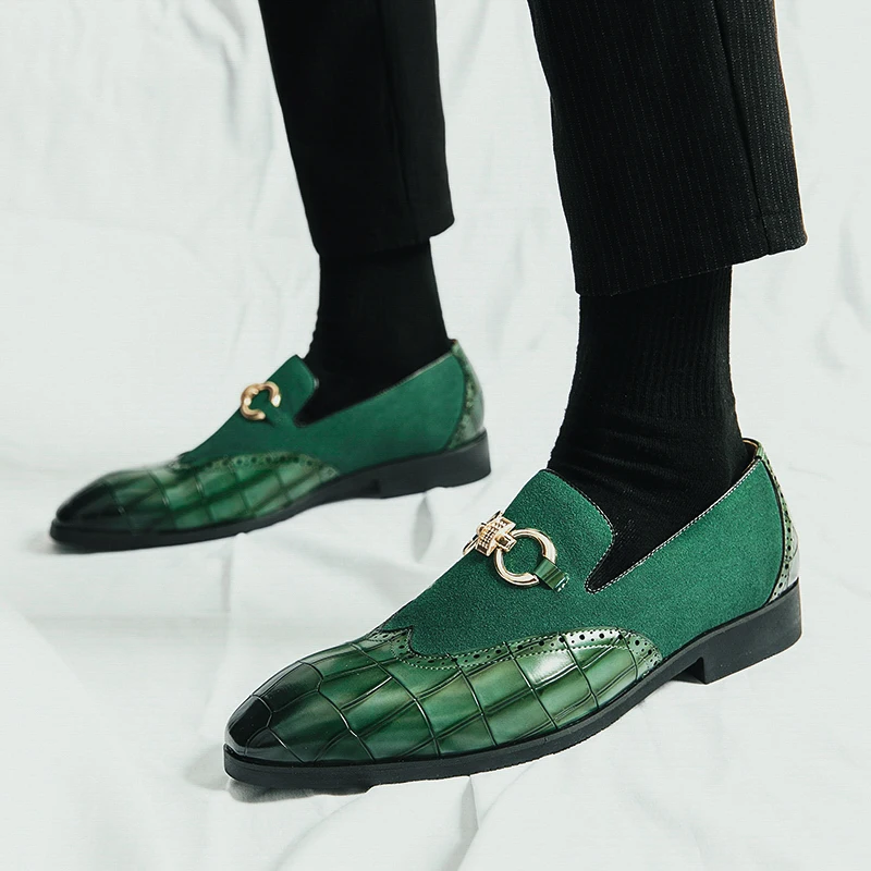 Fashion Leather Men Shoes Penny Loafers Brogue Derby Oxfords Convenient Slip On Casual Shoes Wedding Party Dress Shoes Green