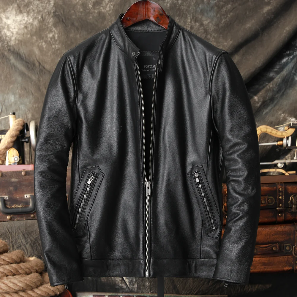 Special Offer Pure Top Layer Cowhide Leather Men's Jacket Sheepskin Stand Collar Slim Fit Fashion Urban Style Windproof Zipper