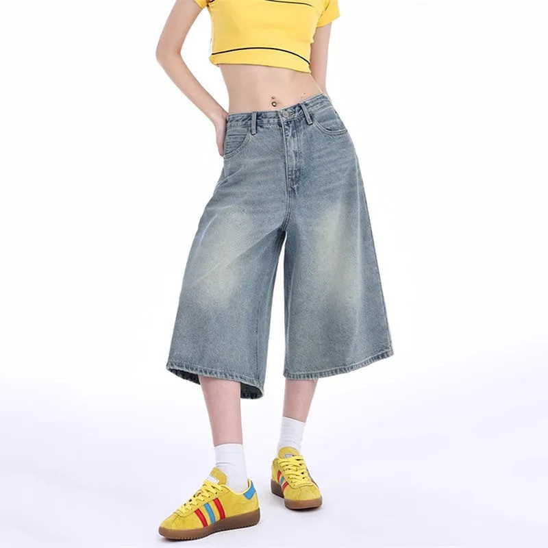 

Summer American Style Vintage Women Baggy Jeans Y2k Loose Washed High Waist Knee Length Denim Pants Streetwear Wide Leg Shorts