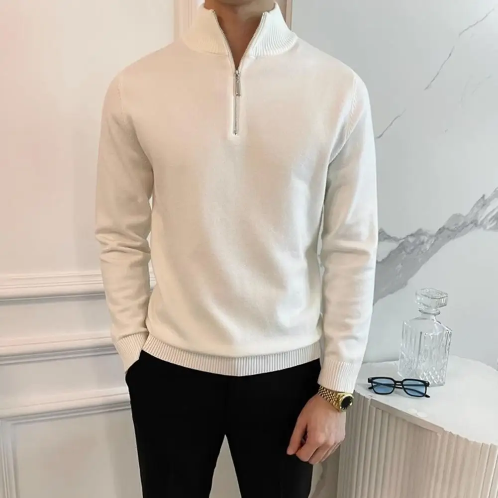 

Fall Winter Men Zippered Sweater Half-high Collar Warm Long Sleeves Top Retro Knitted Thick Warm Pure Color Pullover Stretchy