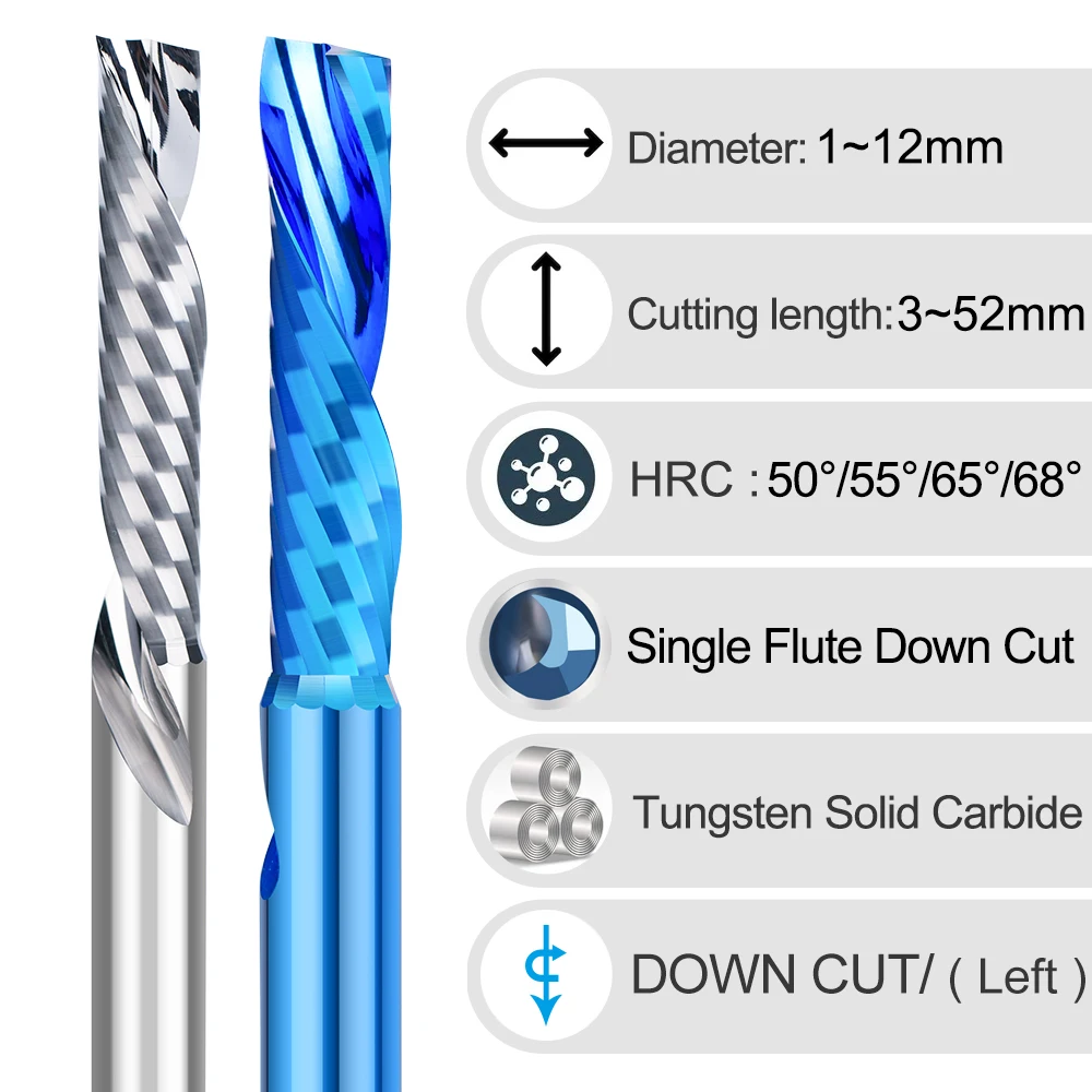 XCAN End Mill Single Flute Down Cut Spiral Router Bit 3.175/4/5/6/8/10/12mm Shank CNC Milling Cutter for Acrylic PVC MDF Wood