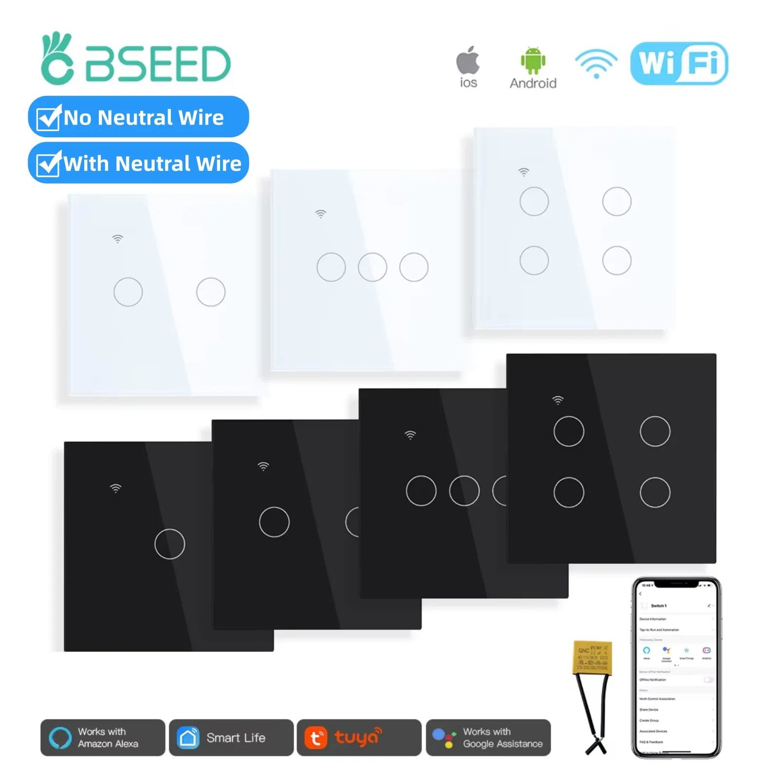 BSEED WLAN-Touch-Lichtschalter 1/2/3/4-fach Intelligenter Wandschalter Tuya Smart Life Alexa Sprachsteuerung Mit Kondensator
