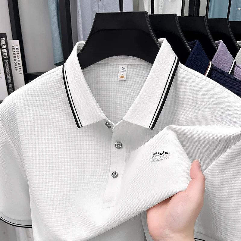 High end brand letter embossed short sleeve polo shirt men's summer new breathable ice silk luxurious comfort casual T-shirt