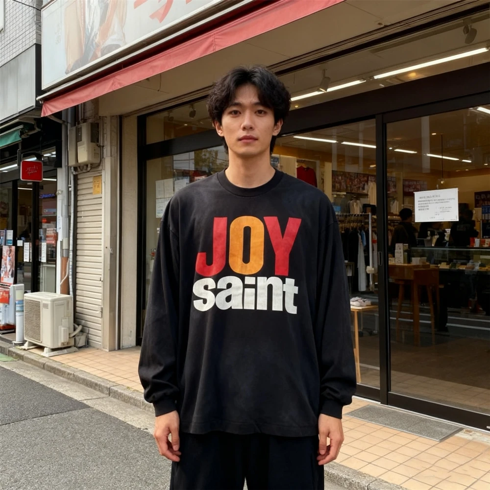 

KUCLUT 1:1 Fashion Vintage Hole Printed Japanese Style Long Sleeves Tee 100%Cotton Tops Casual T Shirt For Men Woman