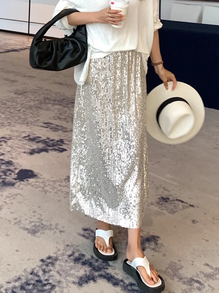 Summer New Women Ankle Length Long Straight Skirt High Waist Bling Bling Shiny Sequined Party Skirts Casual Lady Slim Fit Skirt