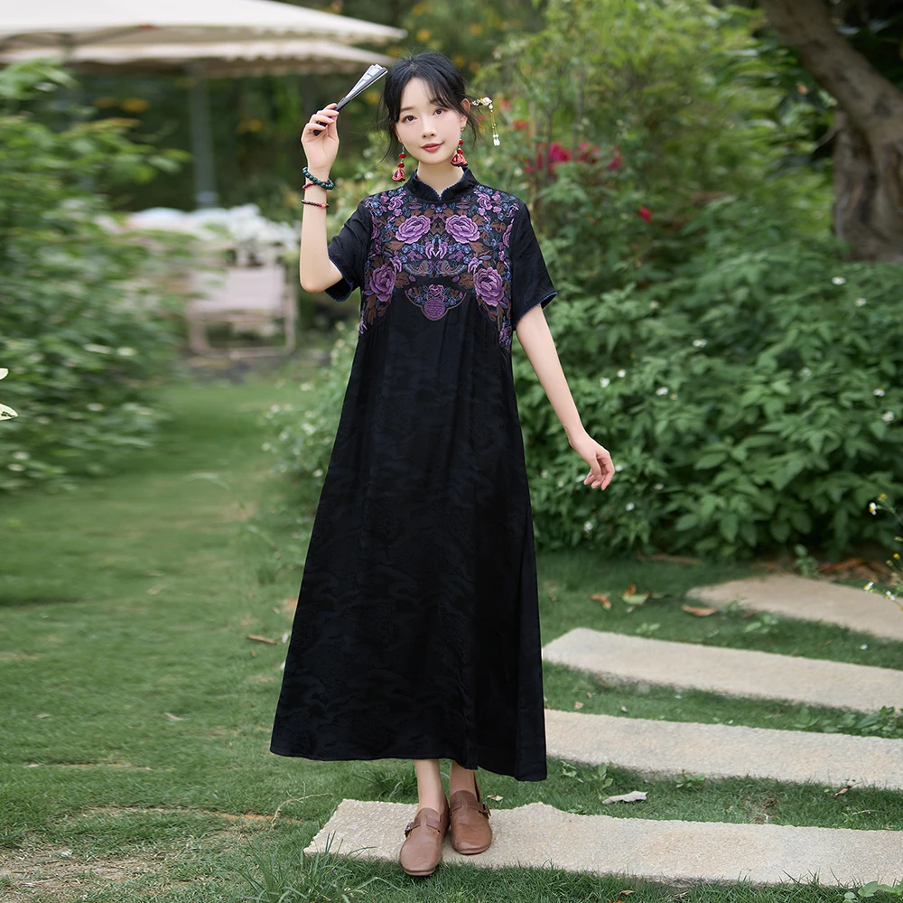 Retro étnico sle solto robe cetim bordado ort sve longo dr cintura alta a linha verão chinês faion tendência dr