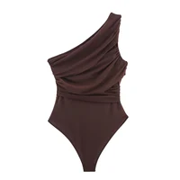 Summer Asymmetric Sleeveless Pleated Silk Mesh Bodysuit Women Single Shoulder Slim Fit Jumpsuit Female Beach Holidays Wear 2026 - Image 5