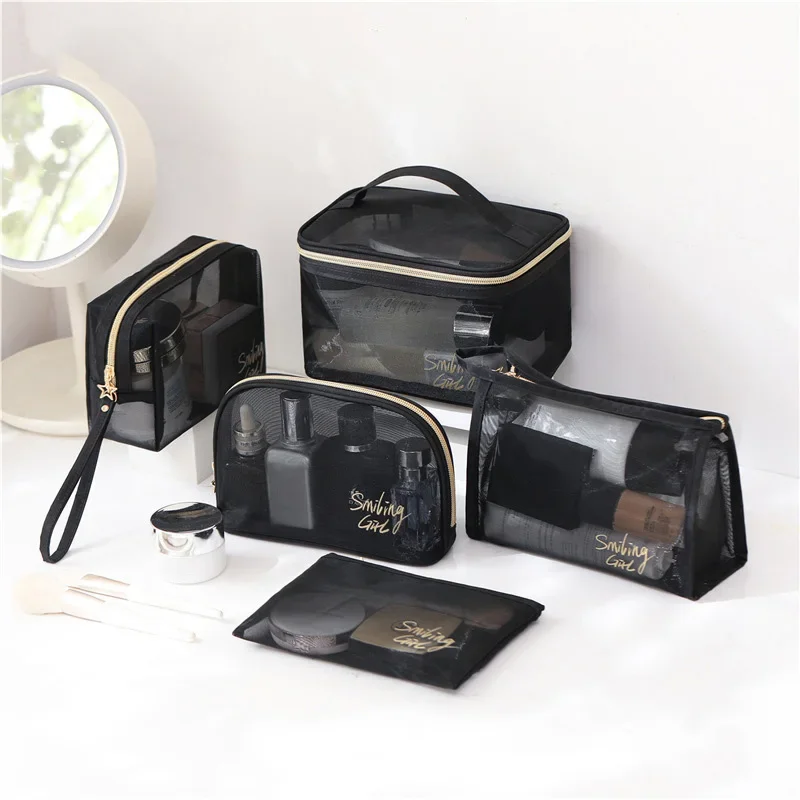 

Fashion Black Nylon Mesh Cosmetic Bags Korean Love Heart Transparent Travel Makeup Storage Bag for Women Girls