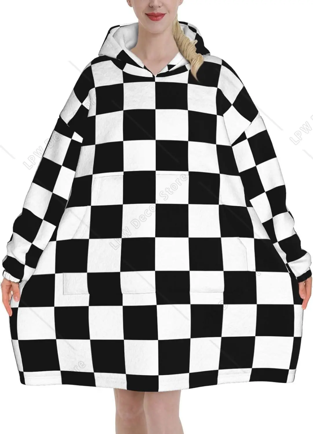 

Checkered Black And White Adult Flannel Wearable Plush Blanket With Pockets Ultra Soft Plush Warm Hoodie