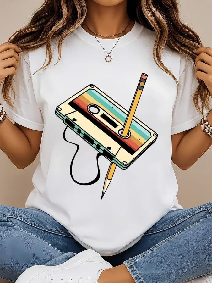 2026 Women Plus Size Casual T-Shirt, Retro Cassette Tape & Pencil Graphic Print Tee, 80s 90s Nostalgic Vintage Rainbow Music Lover Loose Short Sleeve Basic Tops For Daily Outfit