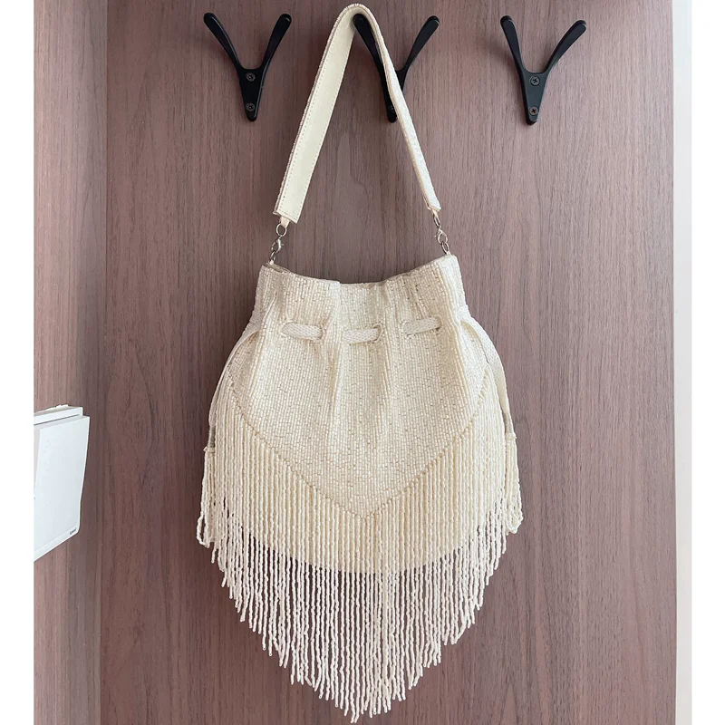 DOYUTIG Brand Women\'s Long Tassels Beaded Handbag Indian\'s Retro Handmade String Totes Lady Embroidery Bead Crossbody Bag N019