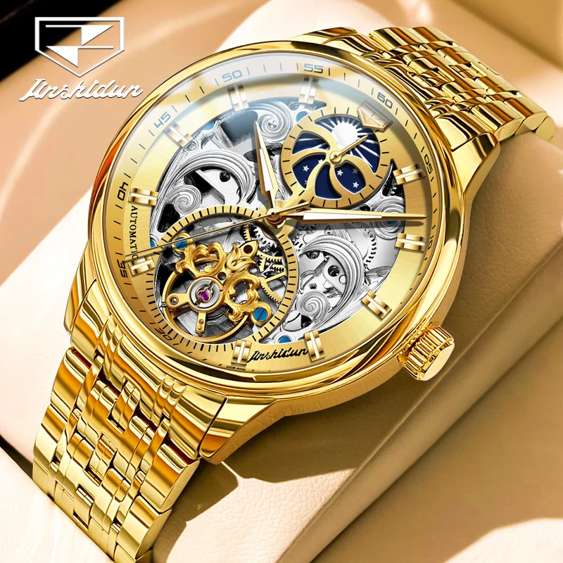 JSDUN Mechanical Watches Skeleton Design 50M Waterproof Gold Wristwatches Stainless Steel Band Clock for Business Men 8922G