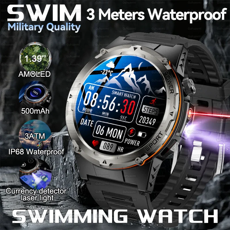 For XIAOMI 3ATM Swimming Military Smartwatch Outdoor Sports Fitness Tracker Health Monitor BT Call NFC 365nm UV+infrared Bracele