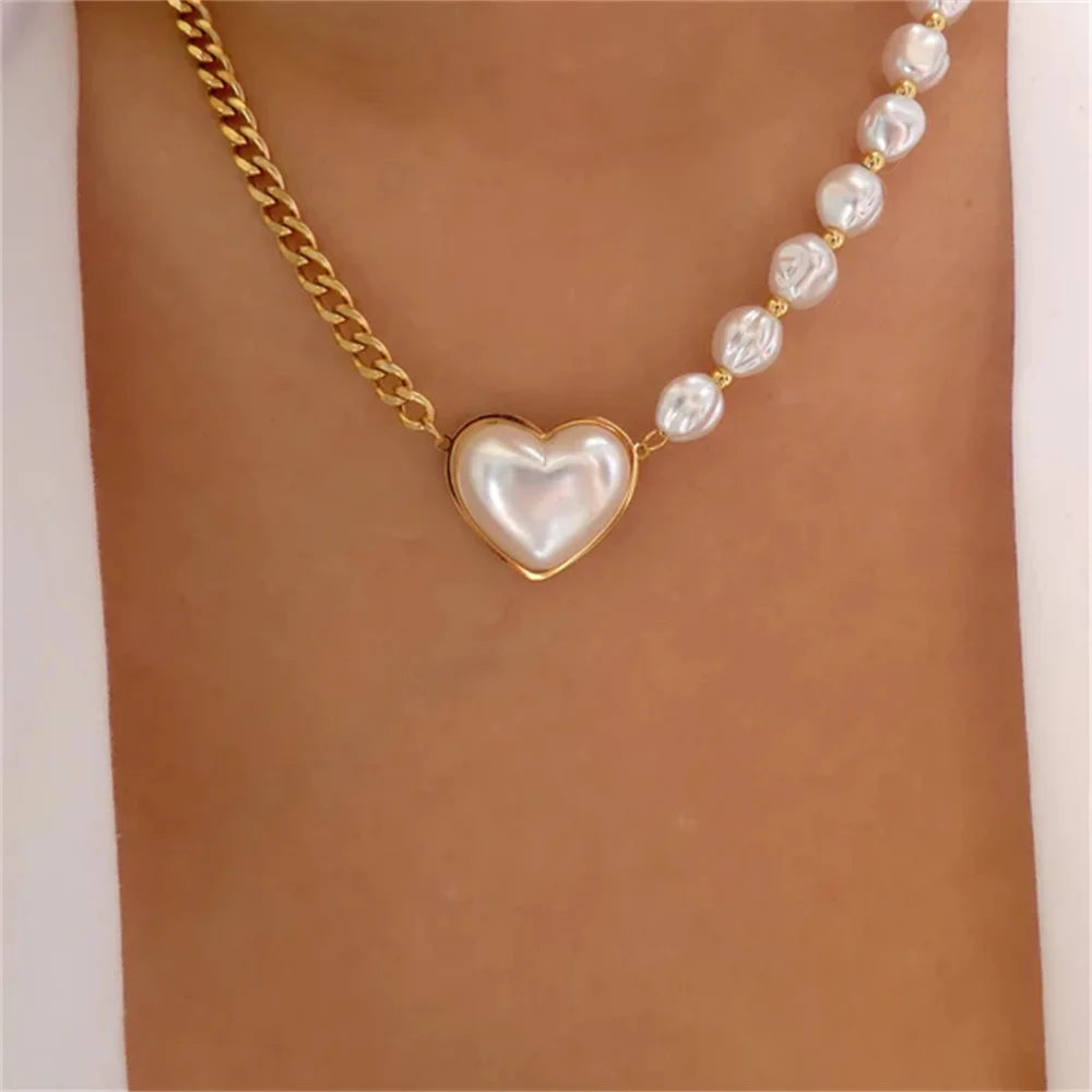 New Vintage Fashion Artificial Pearl Chain Crystal Heart-shaped Cross Pendant Necklace For Women Female Multilevel Punk Jewelry