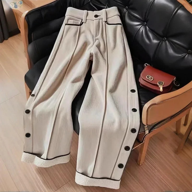

Women Patchwork Corduroy Pant Design High Waist Button Trousers New 077A Autumn Winter Thick Fashion Rolled Edge Pant