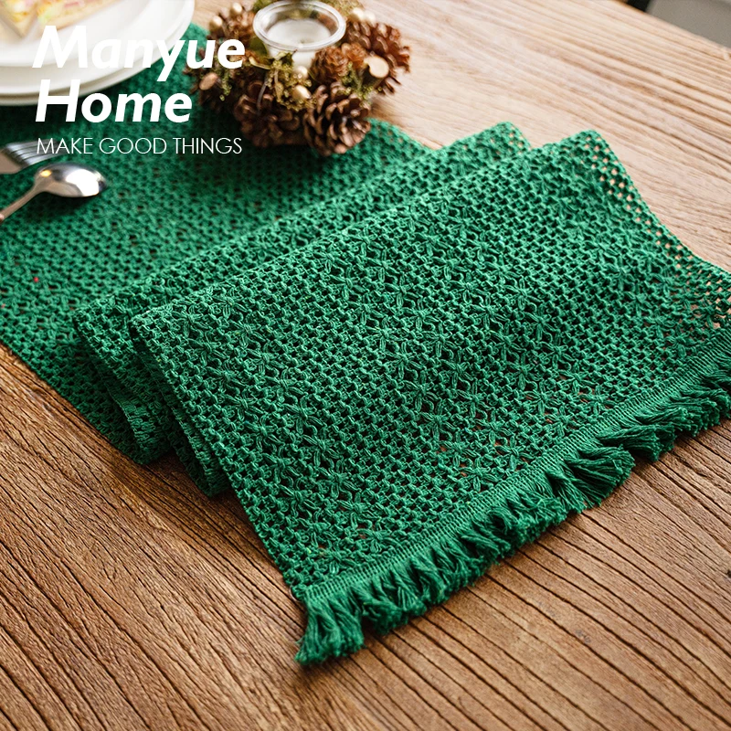 Retro Cotton Linen Table Flag Party Decoration Weaving Tassel Heat Resistant Table Mat Vintage Green Home Textile Table Art