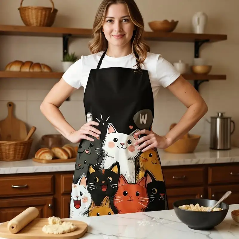 Schürze aus Polyester mit niedlichem Katzenmuster, lebendige Cartoon-Katzen mit Herz- und Sternen-Design, Küchenschürze zum Kochen, Backen, Heimdekoration