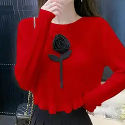 Korean Fashion Autumn Winter Sweaters Women's O-Neck Solid Floral Asymmetrical Casual Long Sleeve Loose Pullovers Knitted Tops