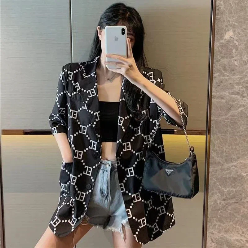 Women's Suit Jacket Blazer Women Spring Summer Thin Plus Size Formal Work Clothes Printing Office Clothing Coat Top Half Sleeve