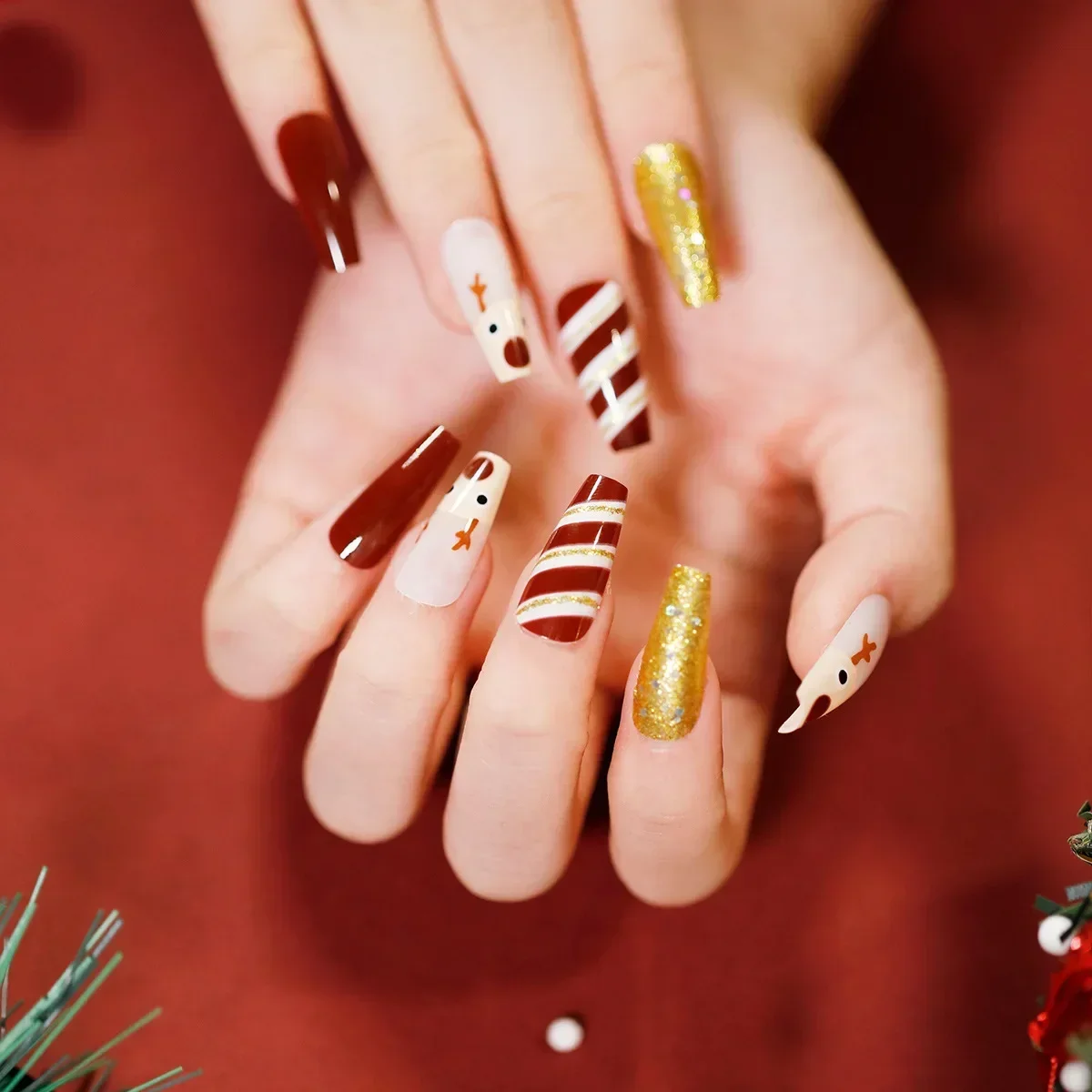 Ensemble de faux-ongles à couverture complète en acrylique, 24 pièces, nail art, artificiels, à presser, portable, pour noël, français, N64.