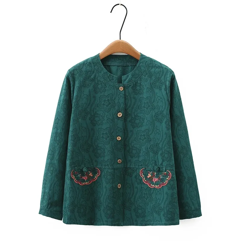 Women Vintage Chinese Style Cotton Two Piece Set Embroidery Long Sleeve Shirt Casual Pants Elderly Outfit