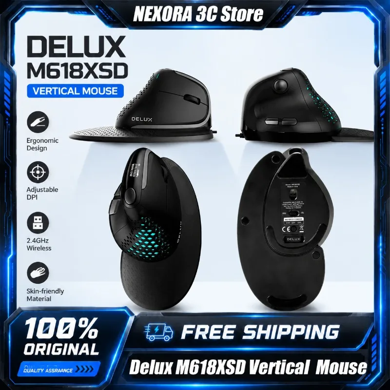 DELUX M618XSD Tri-Mode Ergonomic Vertical Mouse OLED Screen RGB Wireless Bluetooth Office Mice with 1000mAh Battery for Mac PC