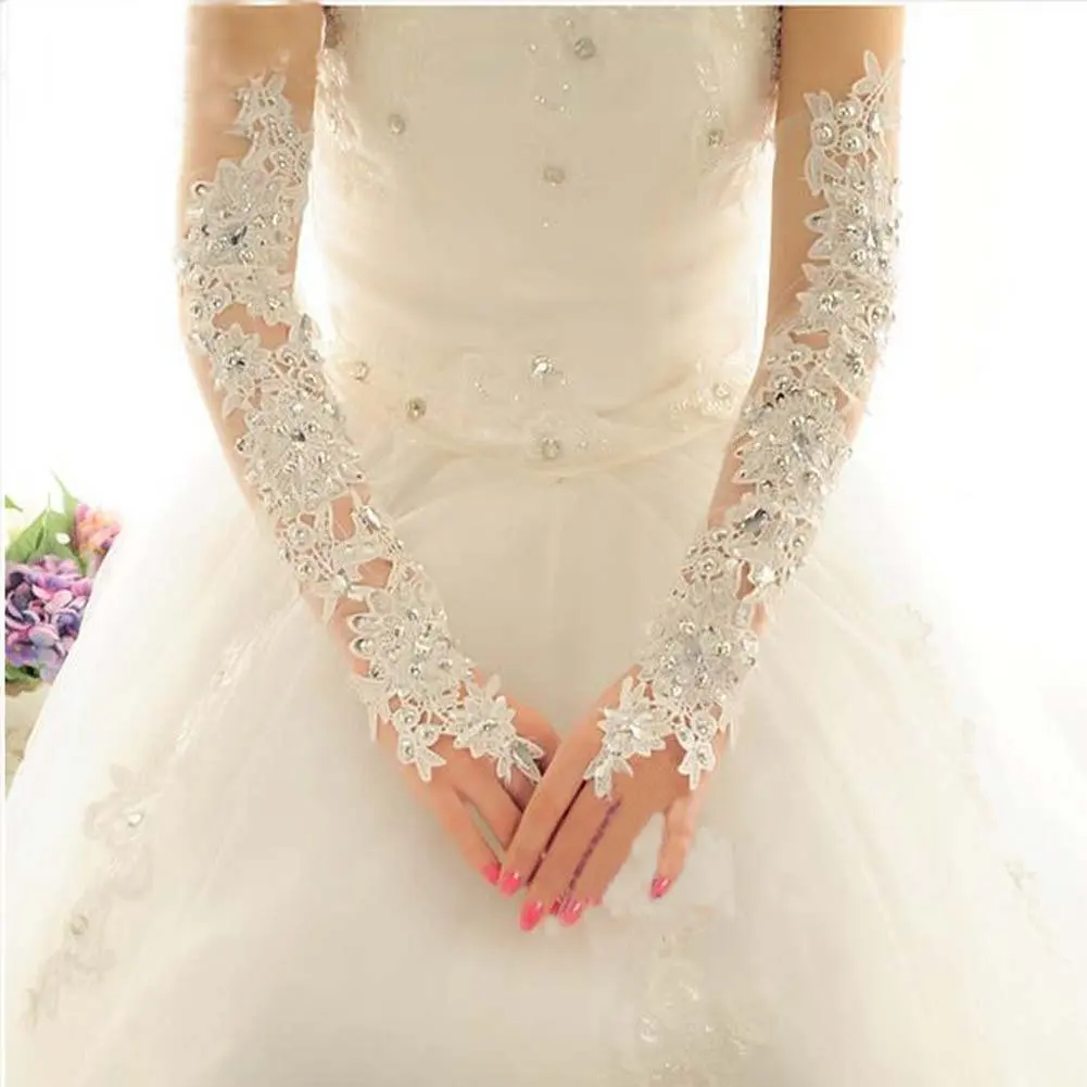 Fingerless Rhinestone Lace Bridal Wedding Gloves  Long Fancy Party Wedding Opera Appliques Gloves