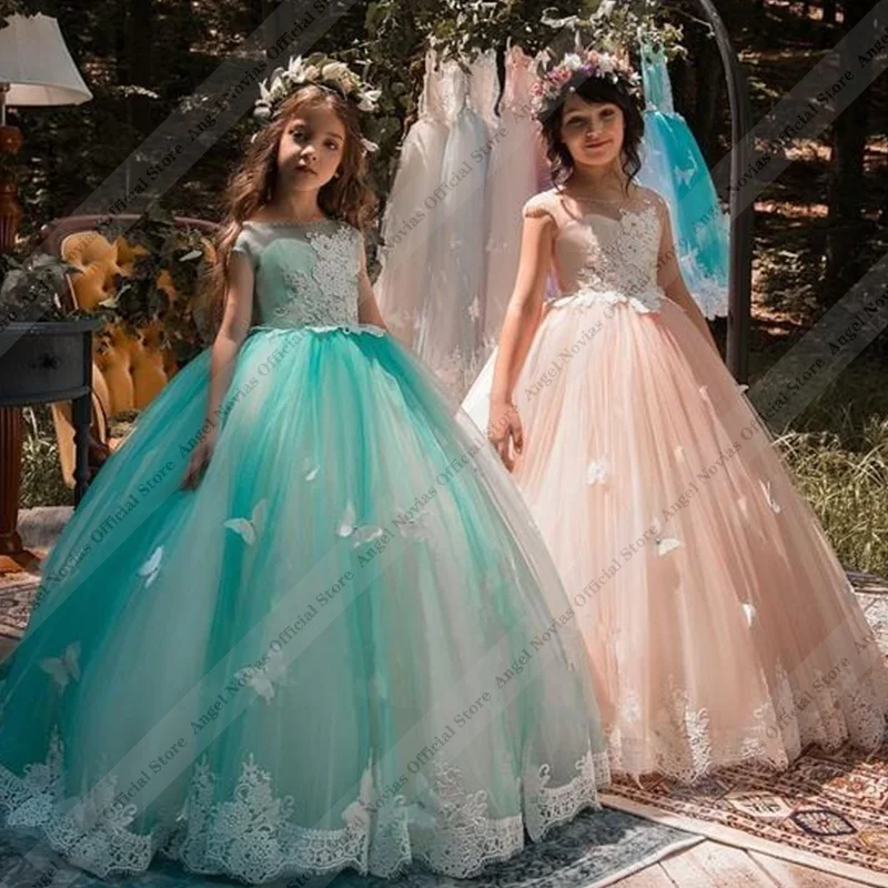 

Angel Novias Long Ball Gown Tulle Green Princess Flower Girl Dress Pageant Dress Birthday Gown Wedding Party Dress