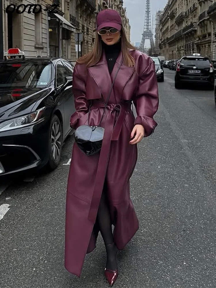 

Элегантное женское длинное пальто из искусственной кожи на шнуровке Y2K, однотонное женское пальто с v-образным вырезом и длинными рукавами, осень-зима 2022, модная женская верхняя одежда