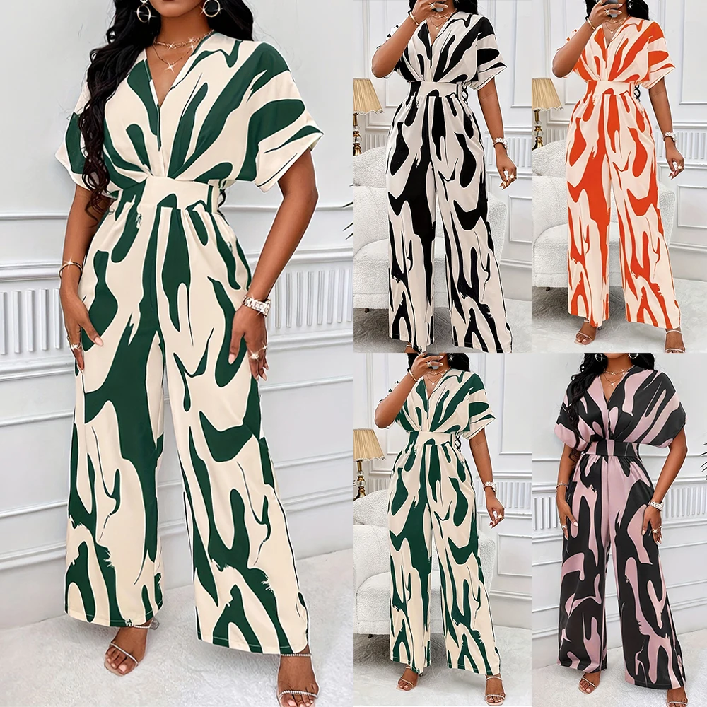 

Women's Boho Floral Printed Wide Leg Jumpsuit Short Sleeve One Piece Overall Summer Pants Rompers Holiday Beach