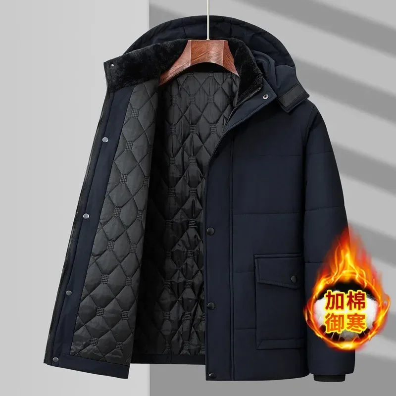 Plus Size Fleece Lining Parkas Men Outwear Middle Aged Father Winter Jacket Windproof Removable Hoodie Coat Men Clothing 7XL 8XL