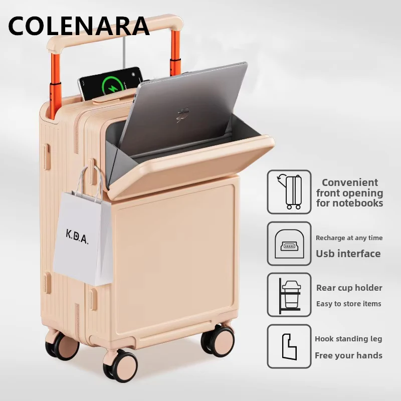 COLENARA USB 충전 캐리어 24인치26인치 다기능 트롤리 케이스 20인치22인치 전면 개방형 기내용 캐리어 롤링 러기지