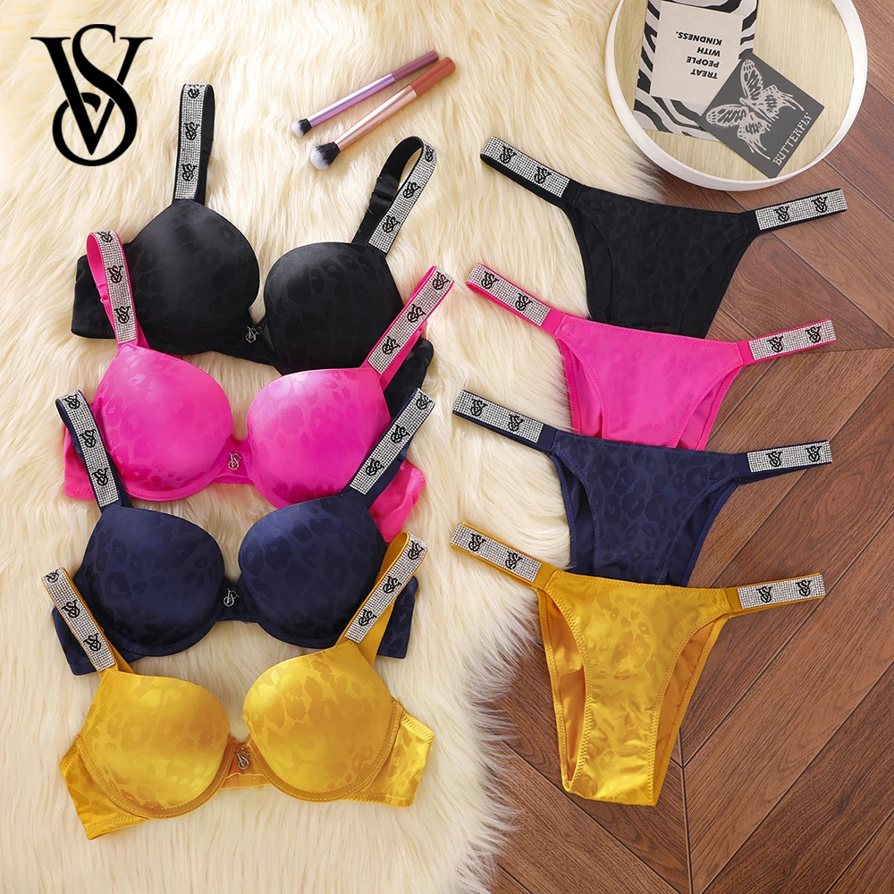 VS Leopard Print Push Up Bra Logo Shine Strap Very Sexy Shine Script Thong Panty Women Set