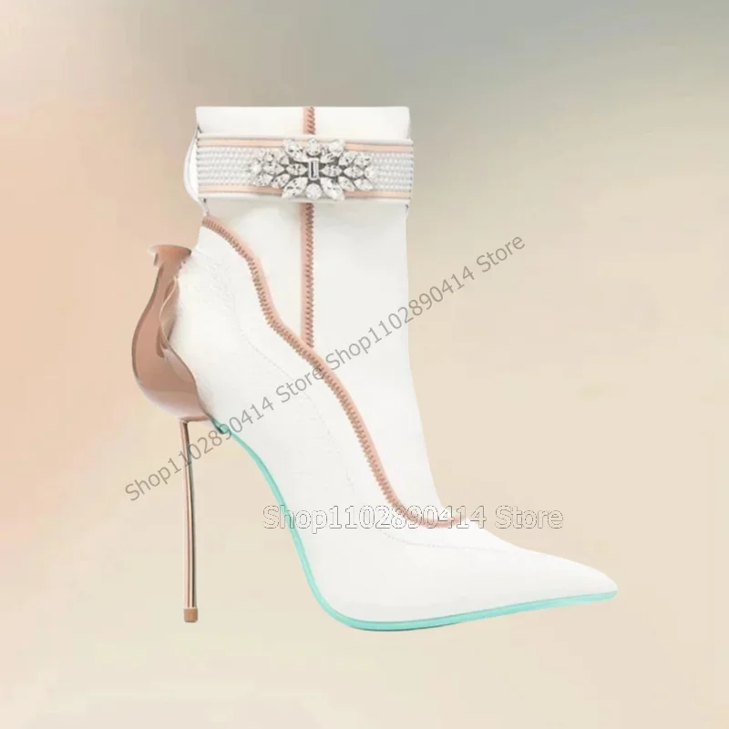 Schwarz Kristall Blume Lychee Druck Metall Ferse Stiefeletten Seite Zipper Frauen Schuhe Spitze Zehen Neue Mode 2023 Zapatos Para Mujere